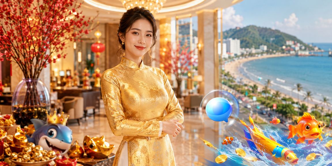 Người dùng Vũng Tàu mặc áo dài trải nghiệm game câu cá và giải trí di động trên bãi biển